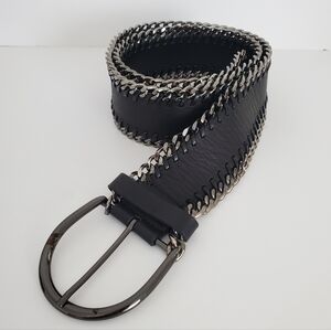 ABRO ITALY Black Leather Belt Gunmetal Silver Cuban Link Chain Trim & D Buckle